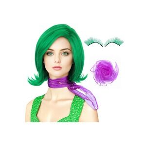 Green‎ Bob Wig with False Eyelashes and Purple Scarf Costume Accessory Set